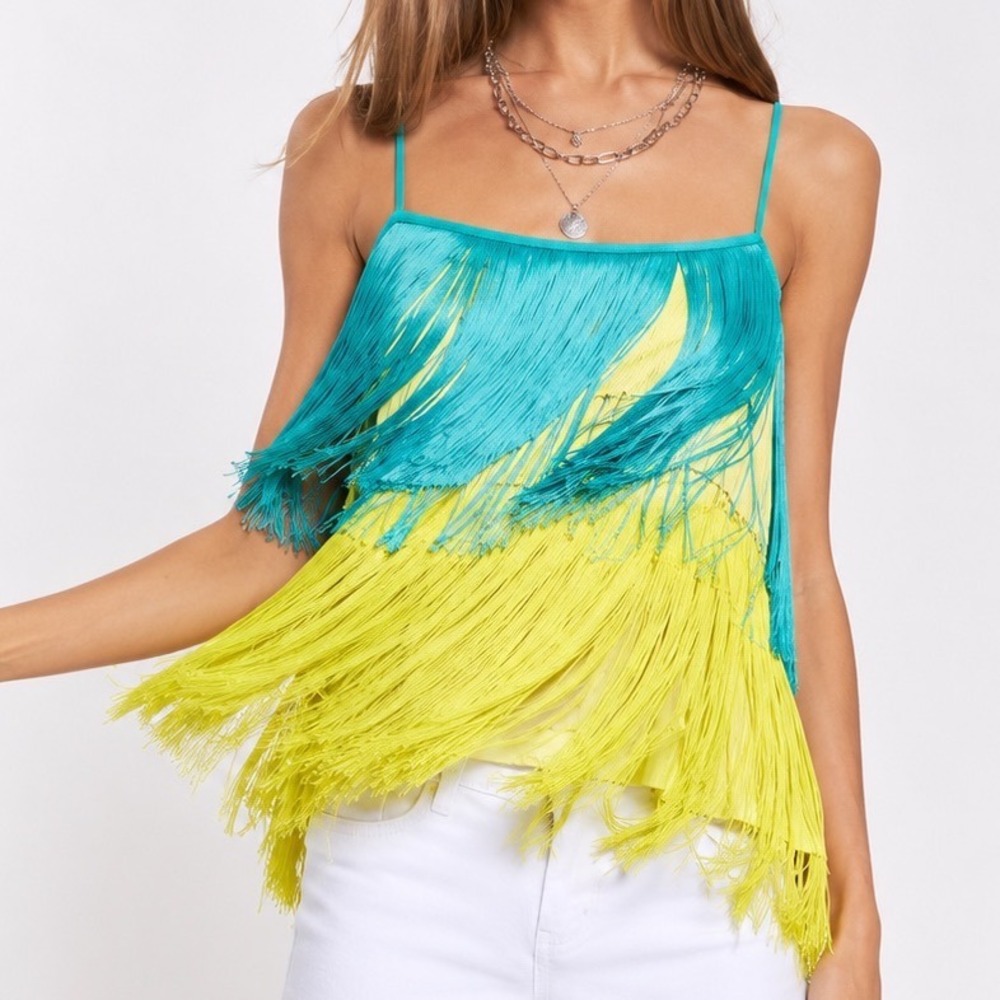 NWT Davi & Dani Fringe Cami Top Teal Neon Yellow Tiered Stretch Cross Straps XL